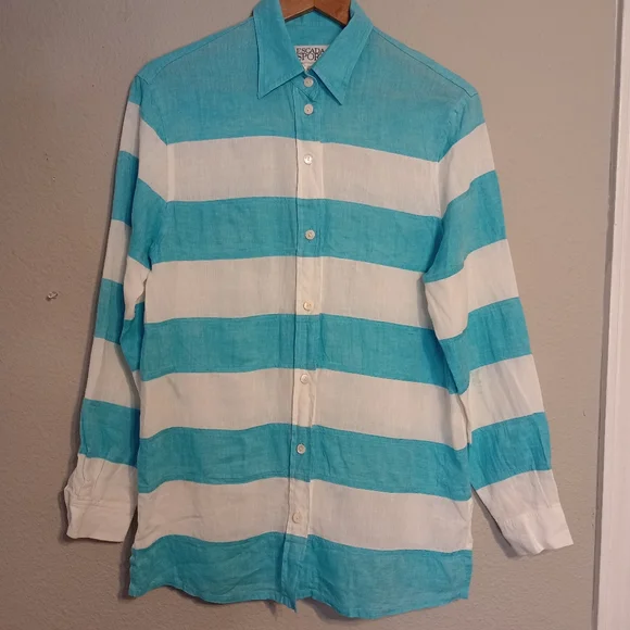 Vintage Escada Sport 100% Linen Long Sleeve Striped Button Down Top Aqua - Picture 2 of 11